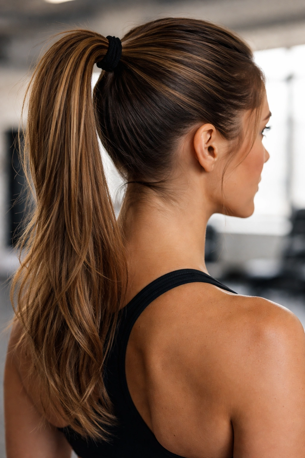 Close-up of a high ponytail secured with two elastics to prevent slipping.