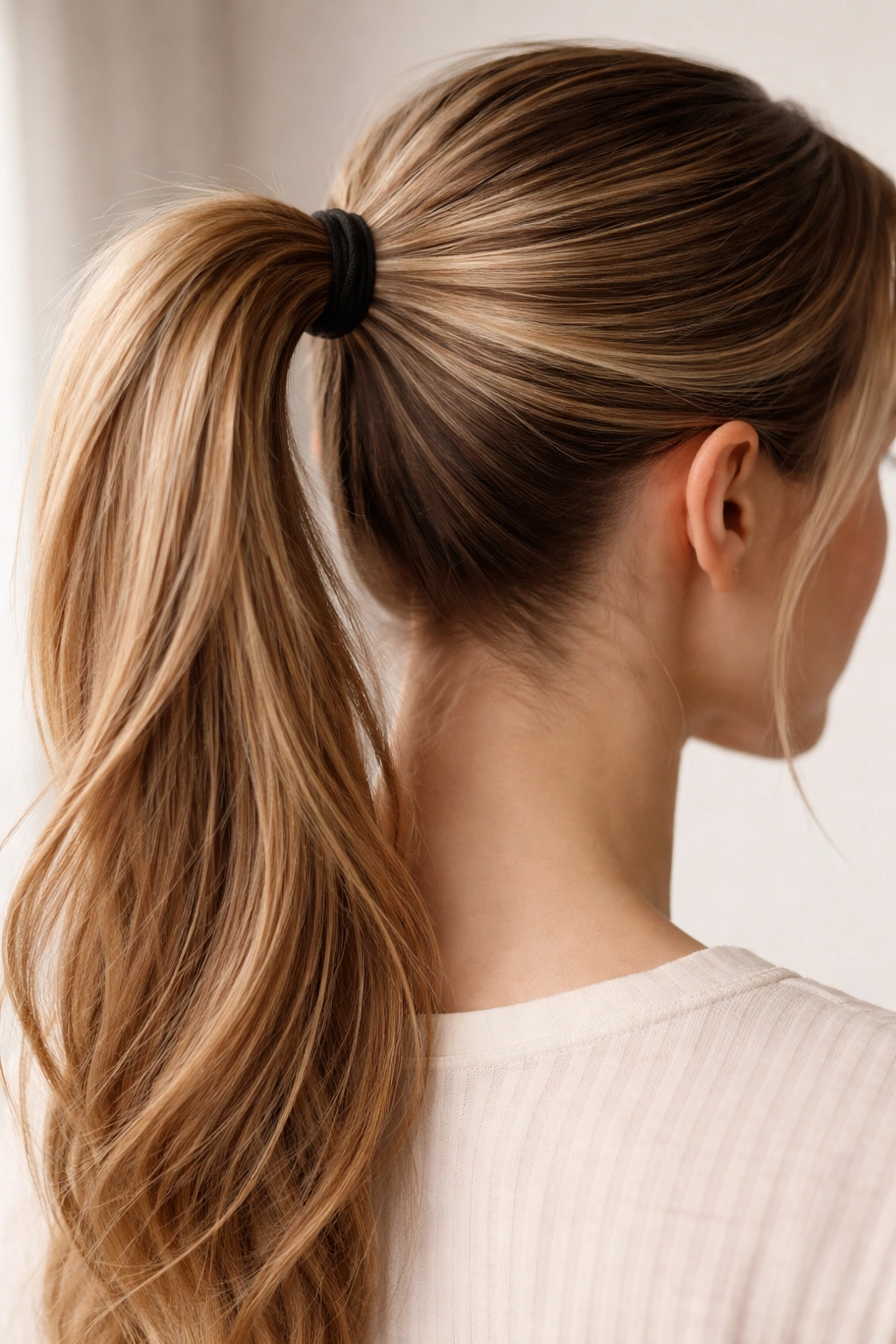 Close-up of high side ponytail showing two elastic bands at the base for extra grip