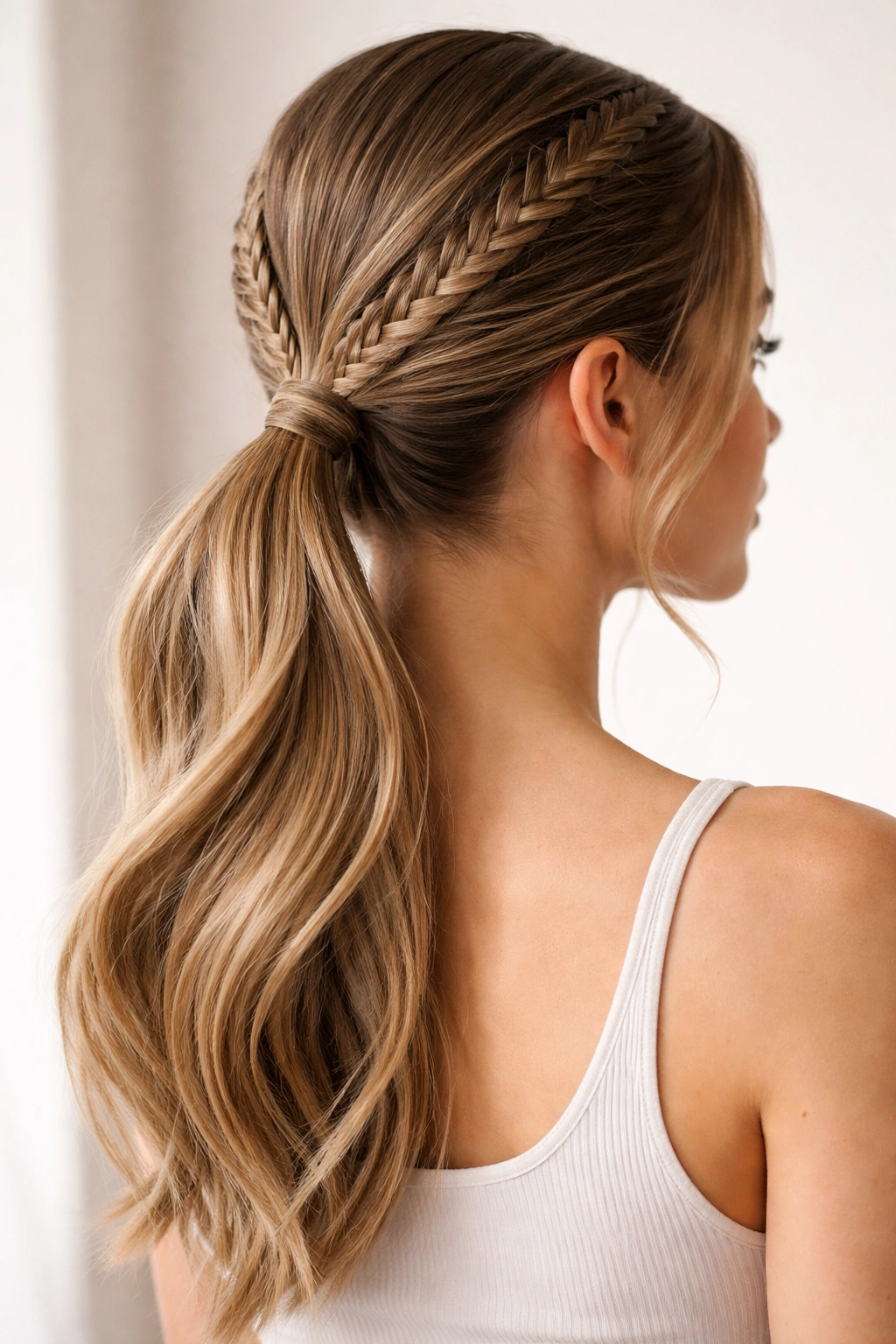 Two fishtail braids forming a lace-textured ponytail with center part
