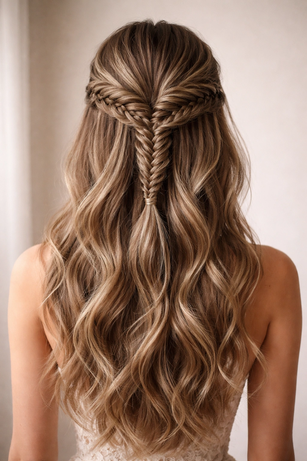 Double Fishtail Half-Up Design showing two symmetric braids meeting at center back