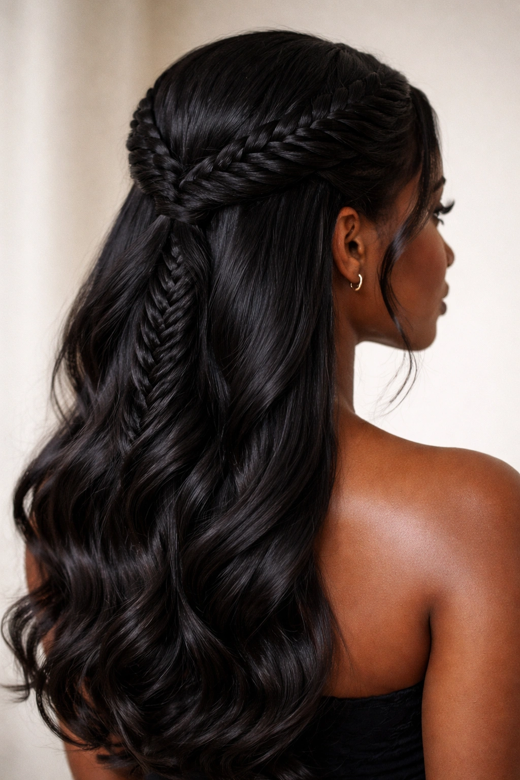 Two symmetric fishtail braids from each temple converging at the back
