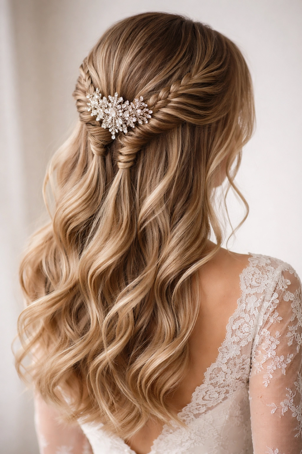 Twin fishtail braids at crown with ornate comb at the back