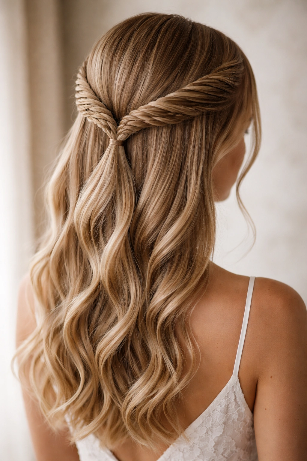 Close-up of Sleek Double Fishtail Half-Up with two symmetrical braids framing the face.