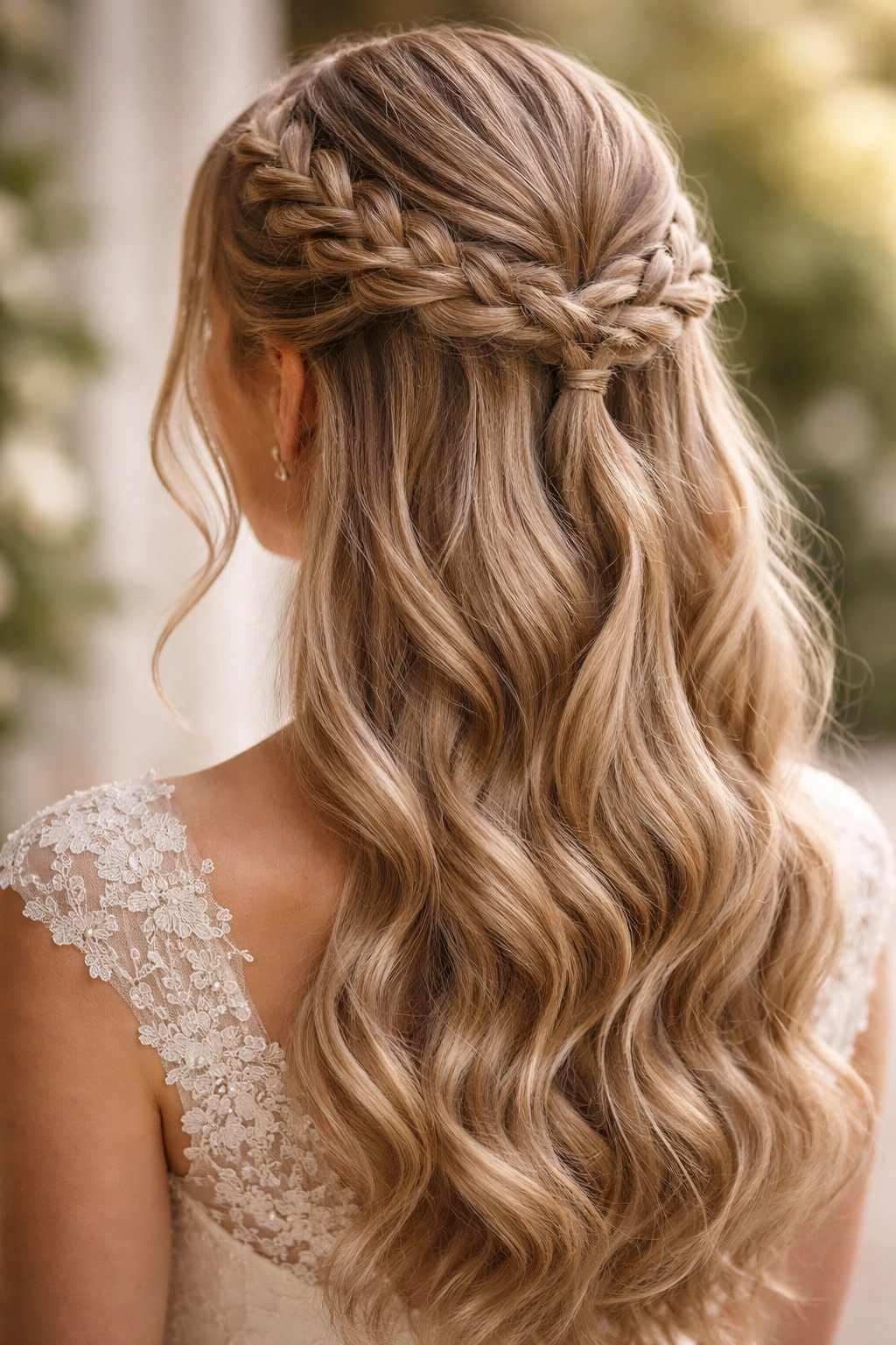 Close-up of double parallel French braids with twists for a bridal half-up style.
