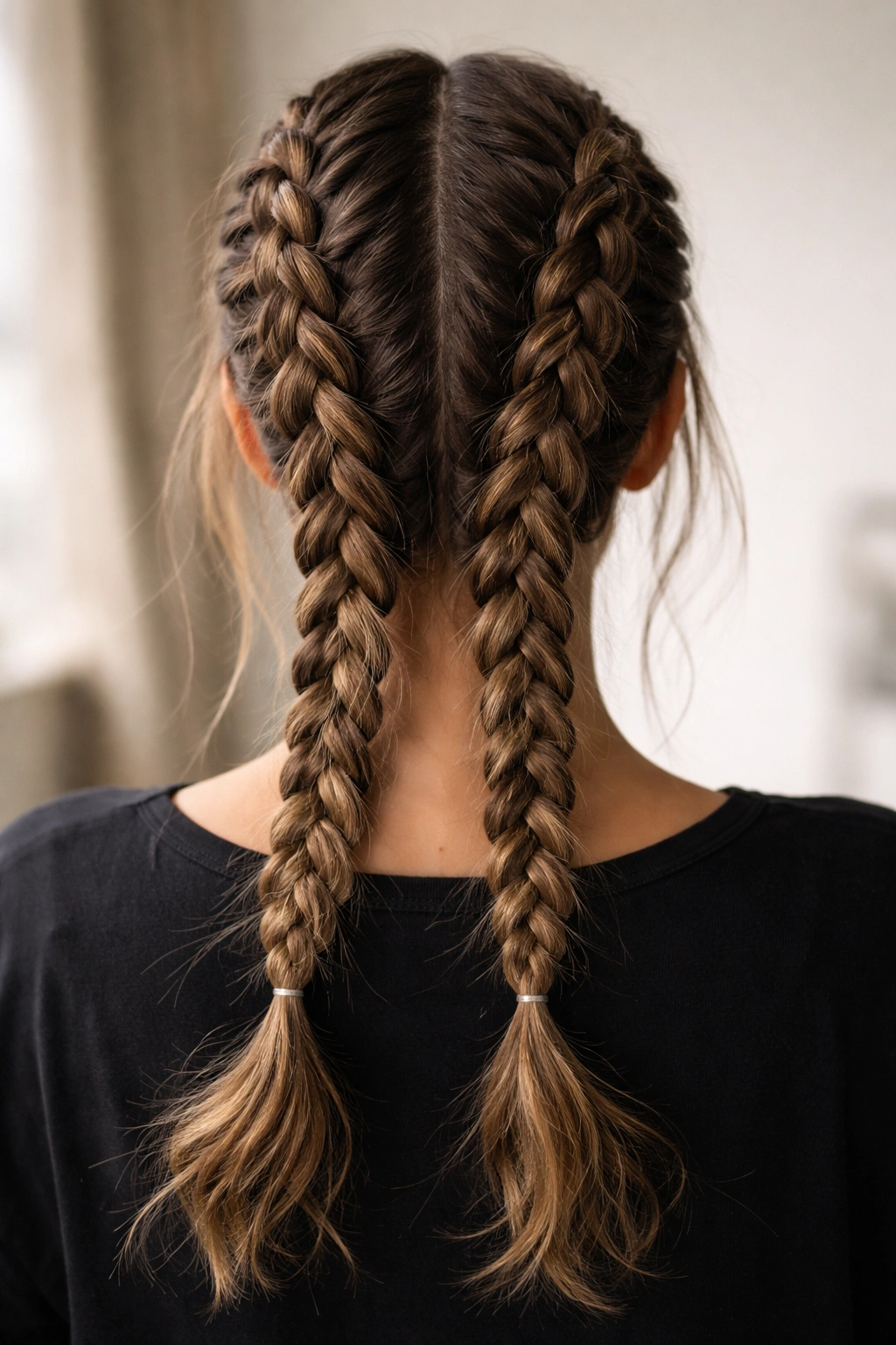 Two parallel French braids along each side of the head on second-day hair.