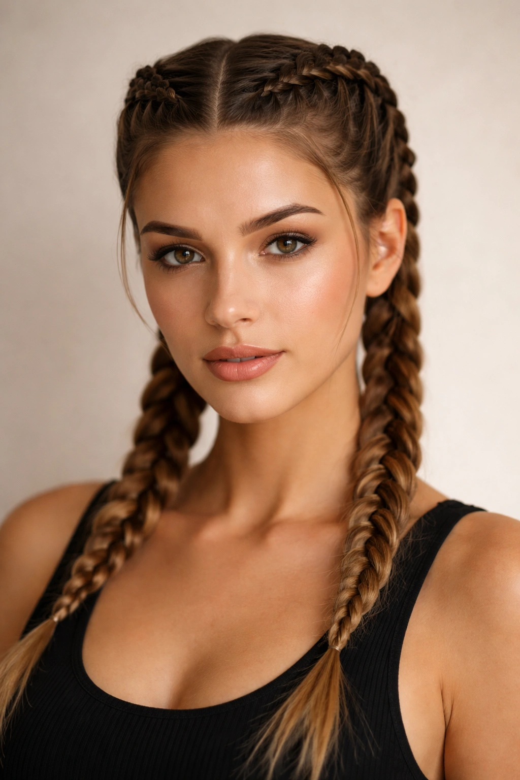 Two symmetrical French braids along the scalp with glossy frizz-controlled hair