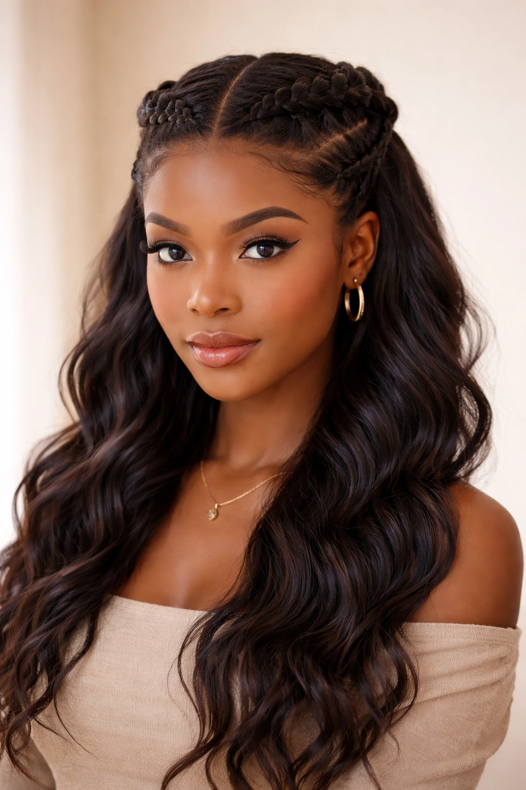 Close-up of two symmetrical French braids half up half down on a mannequin head.