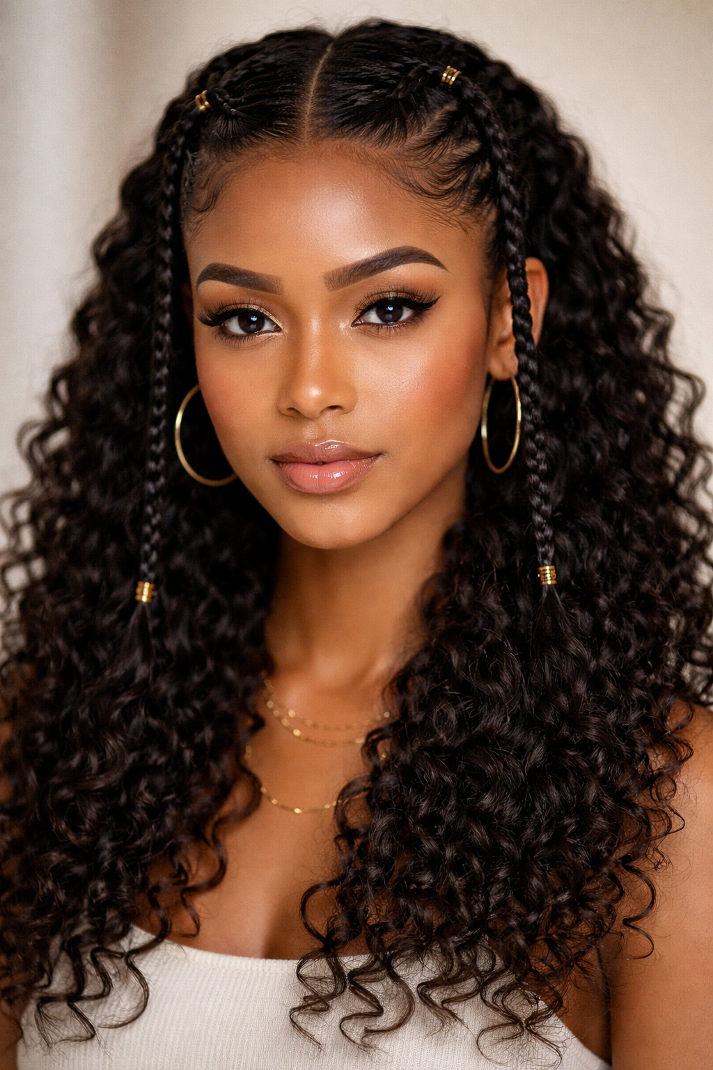 Close-up of symmetrical double Fulani braids framing the face with loose curls