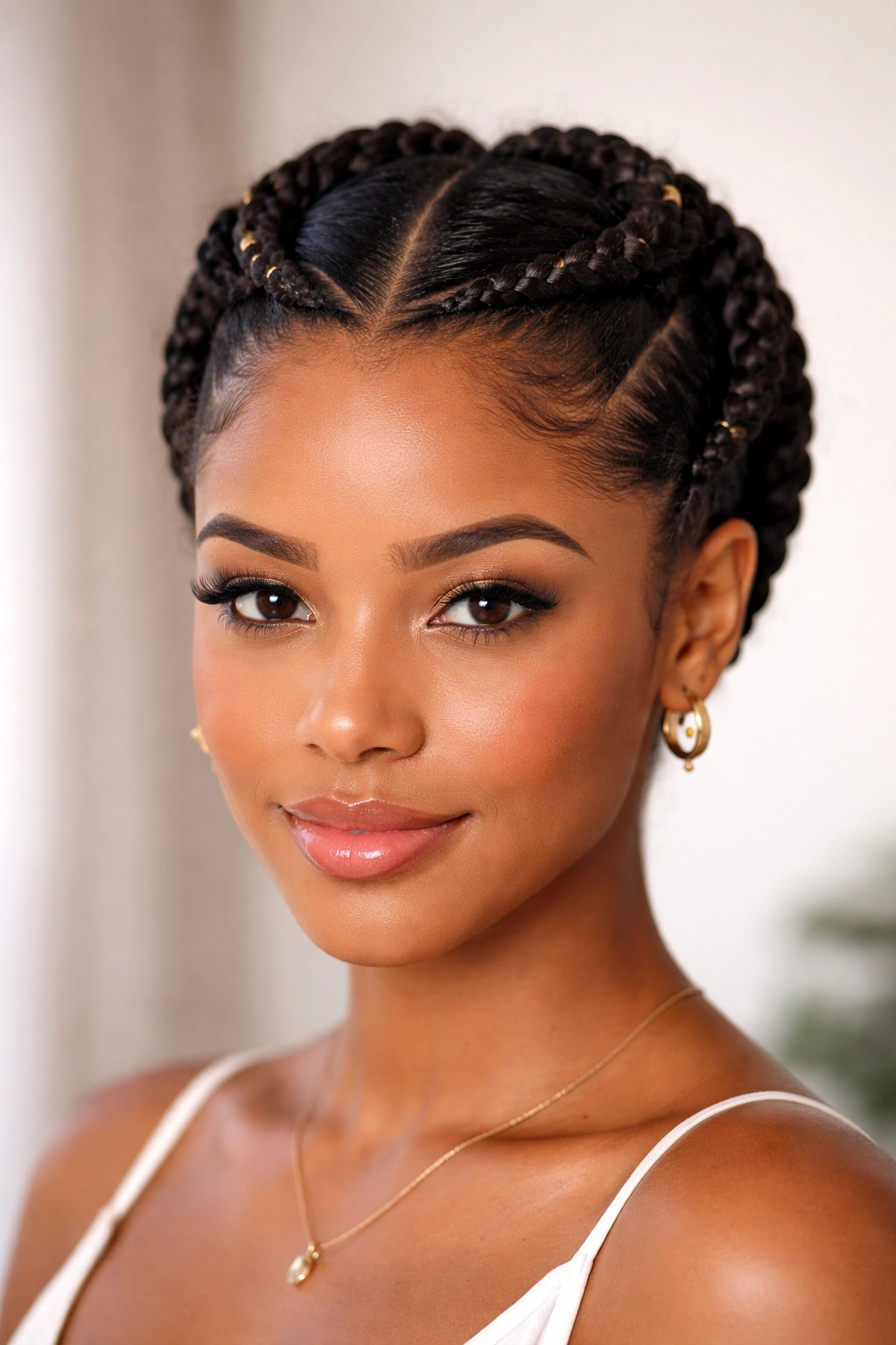 Two thick Fulani cornrows forming a crown on short hair.