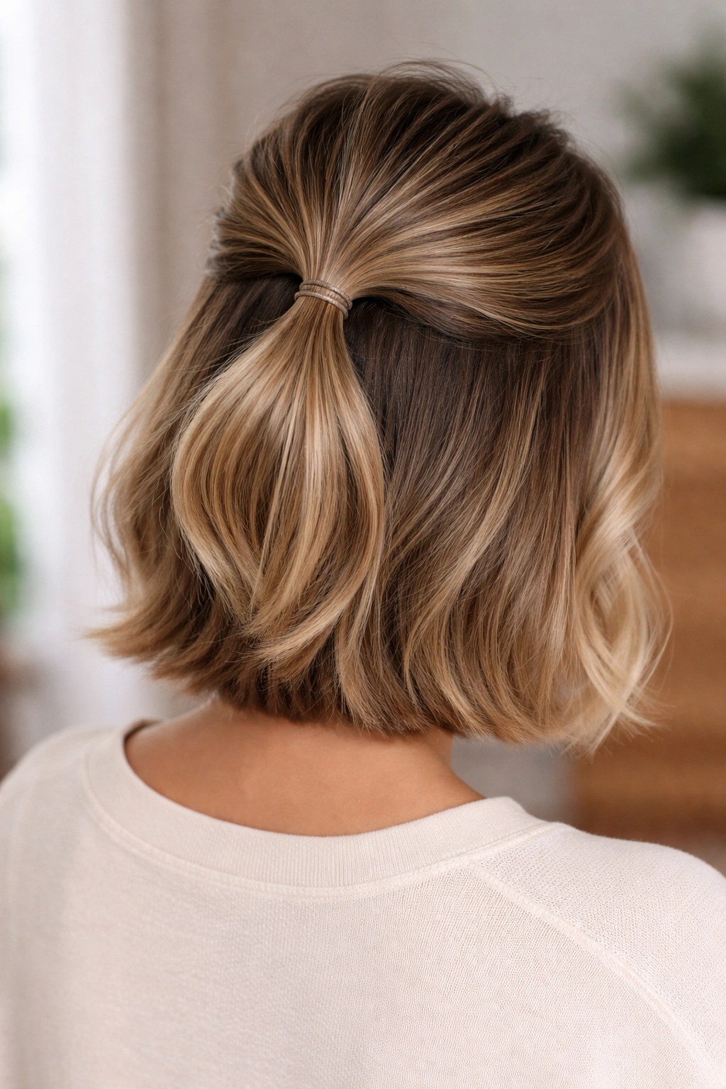 Bob hairstyle with double-gathered half ponytail and volume