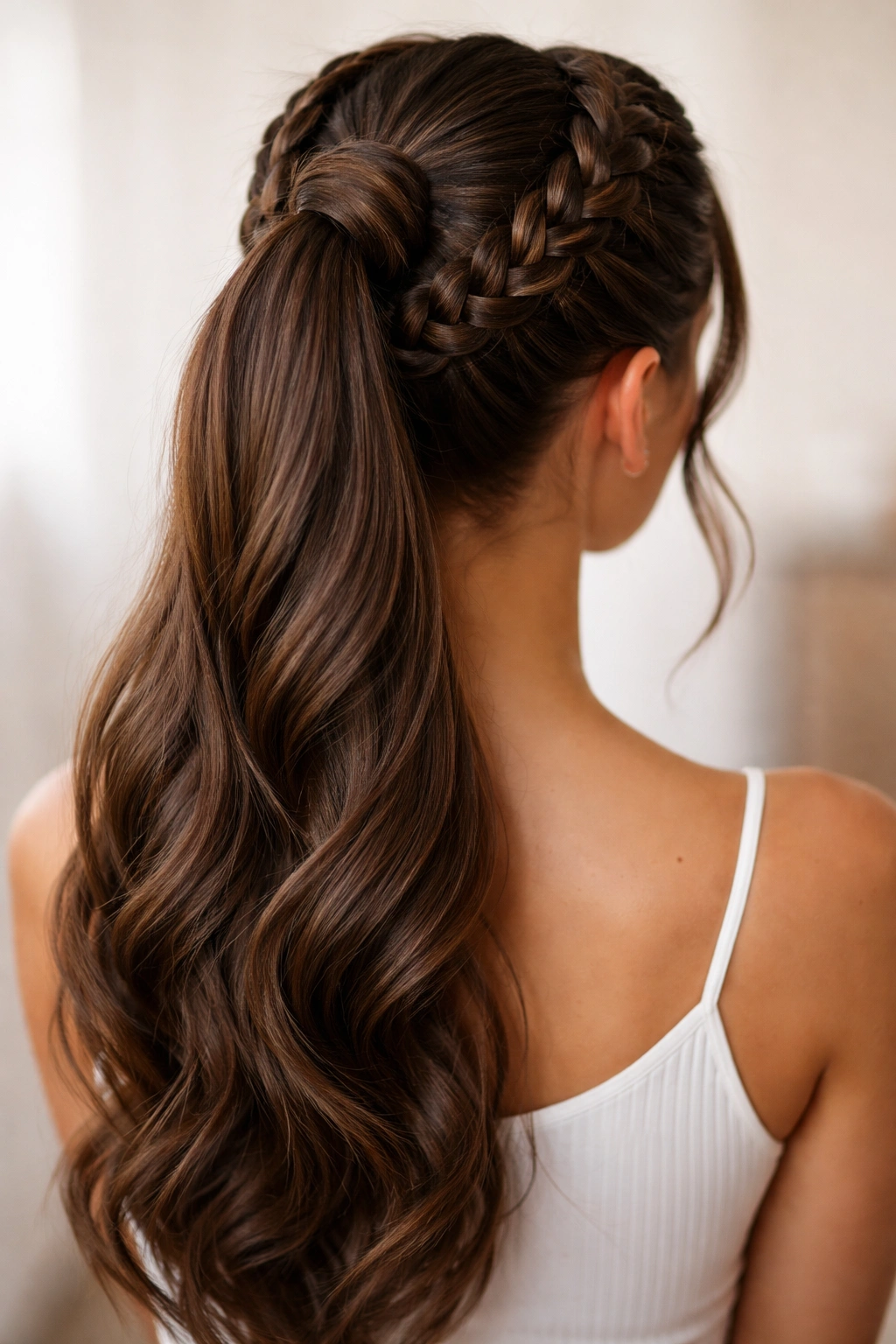 Two goddess braids wrap around a center high ponytail for depth