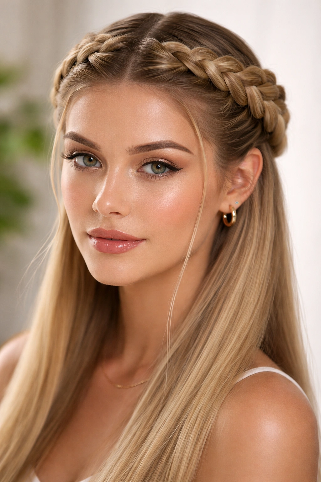Two thick goddess braids forming a crown around the head on straight hair