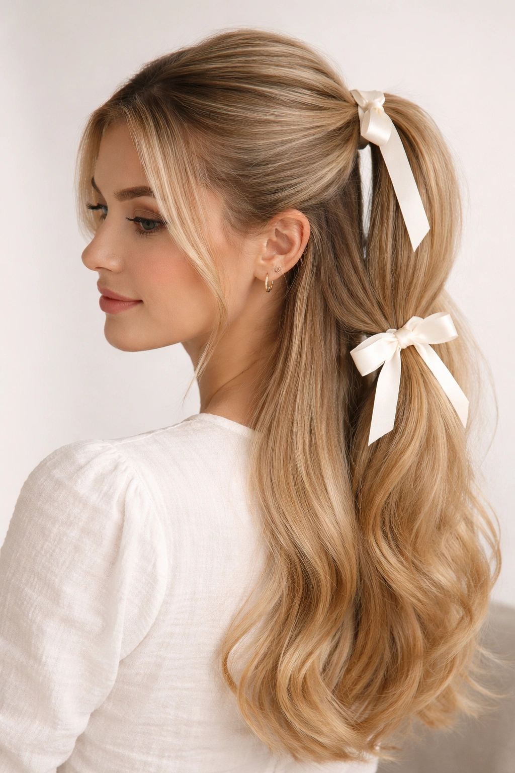 Close-up of a double stacked half-ponies hairstyle with a ribbon-wrapped elastic