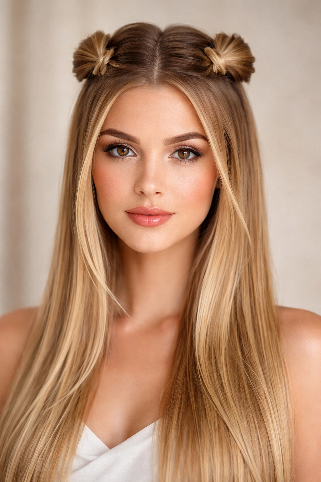 Front view of double half-up knots hairstyle on straight hair