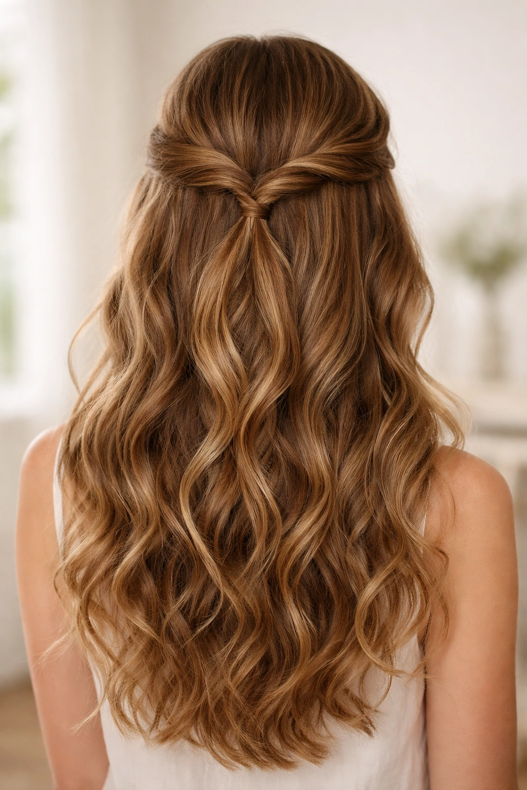 Close-up of The Double Half-Up Twist showing two loose twists meeting at the back