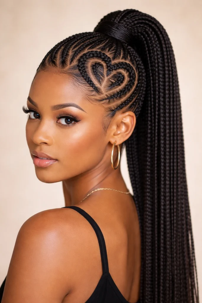10 Cornrow Ponytails With Heart Design