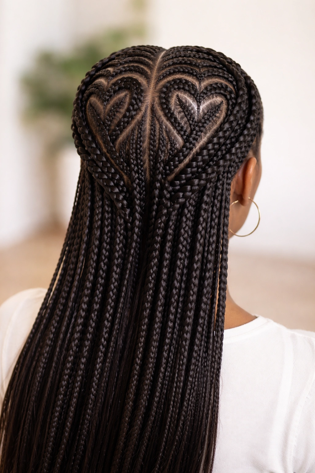 Close-up of a double heart crown formed by cornrows with flowing back braids