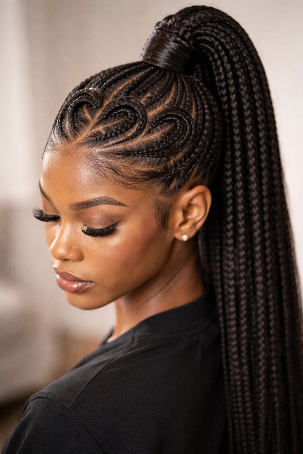 Top view of double heart crown braids with a high ponytail