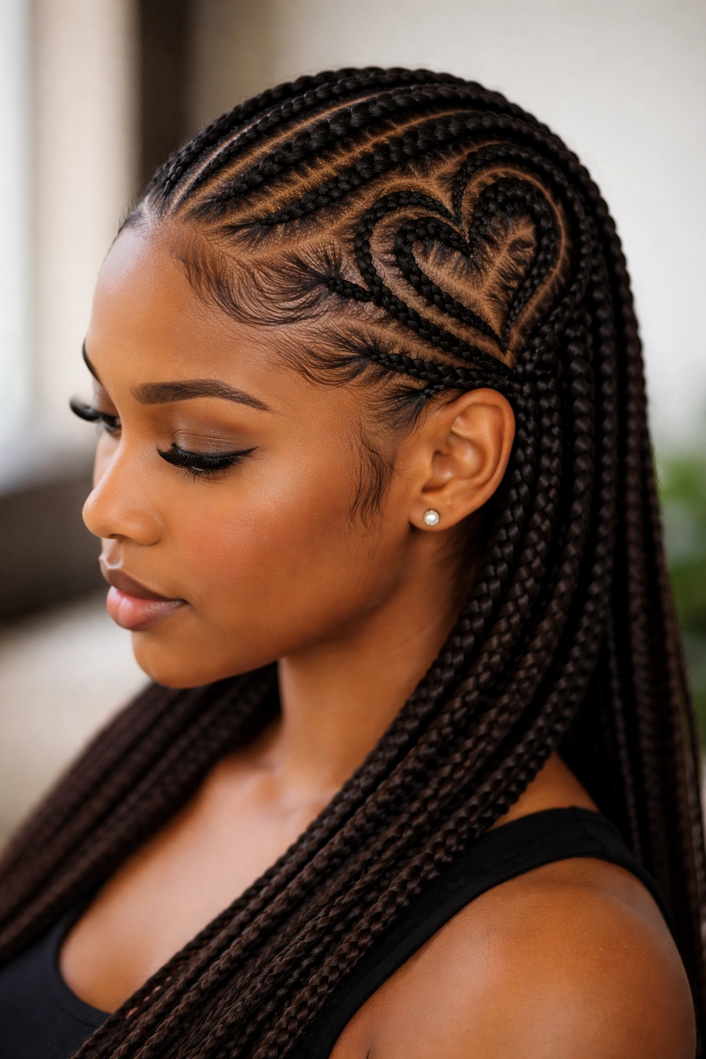 Two symmetrical hearts on each side of the head formed by feed-in braids