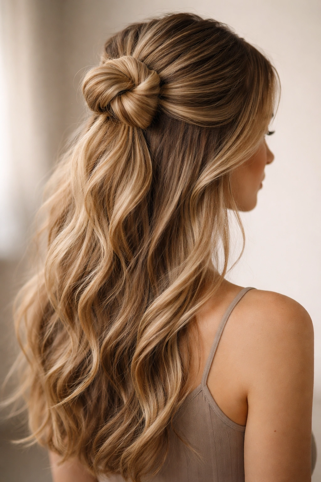 Double knot half-up bun with two stacked knots