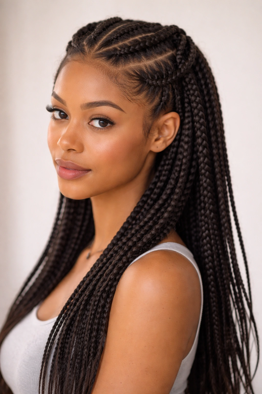 Two symmetrical knotless braids half-up secured at back.
