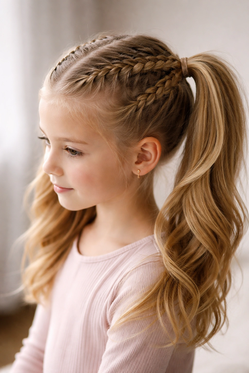 Side view of double lace braided ponytails with delicate lace braids