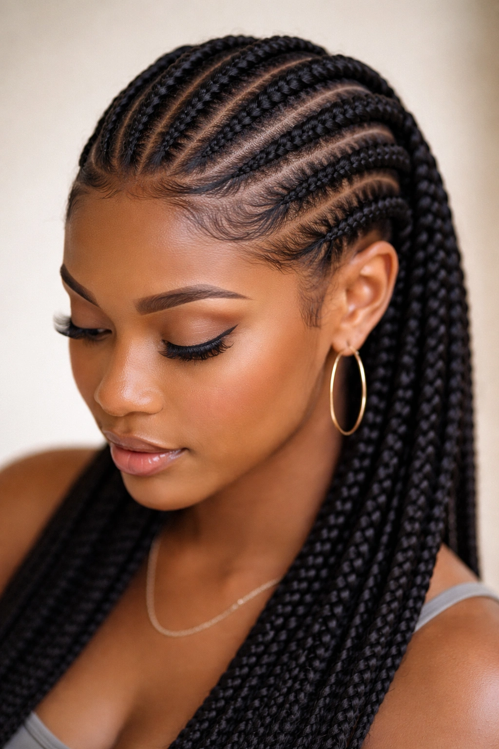 Two-layer straight back cornrows showing front and back layers