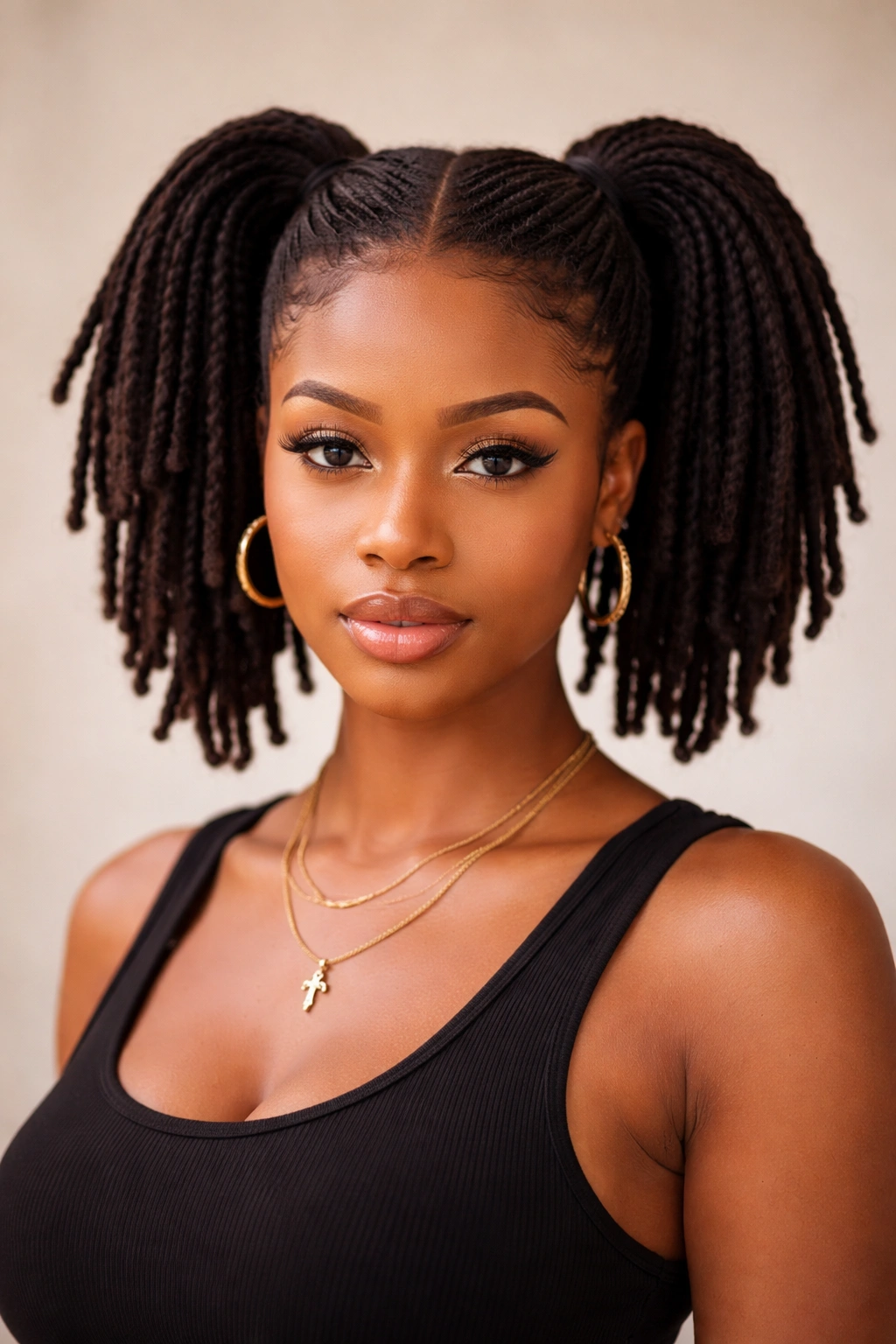 Close-up of short locs styled into two symmetrical ponytails with a center part, showing fullness and texture