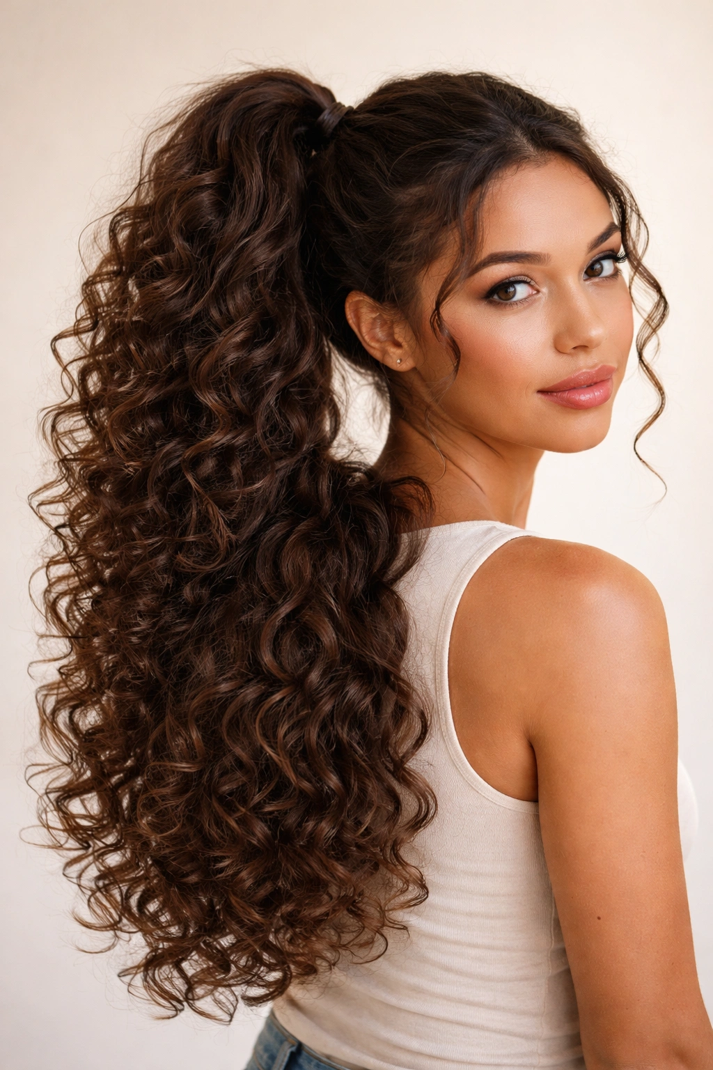 Two stacked curly ponytails on long hair