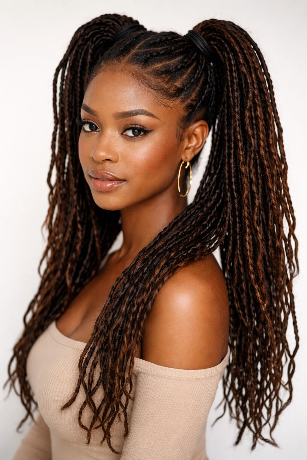 Two stacked ponytails of locs creating a playful look
