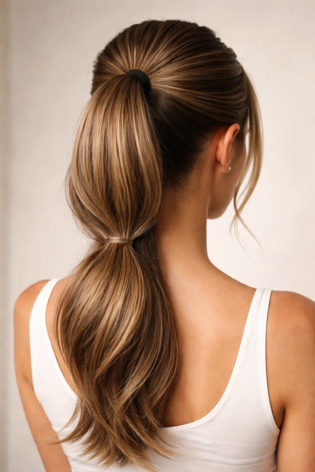 Back view of Classic Double Stacked Ponytail showing two layered ponytails at crown