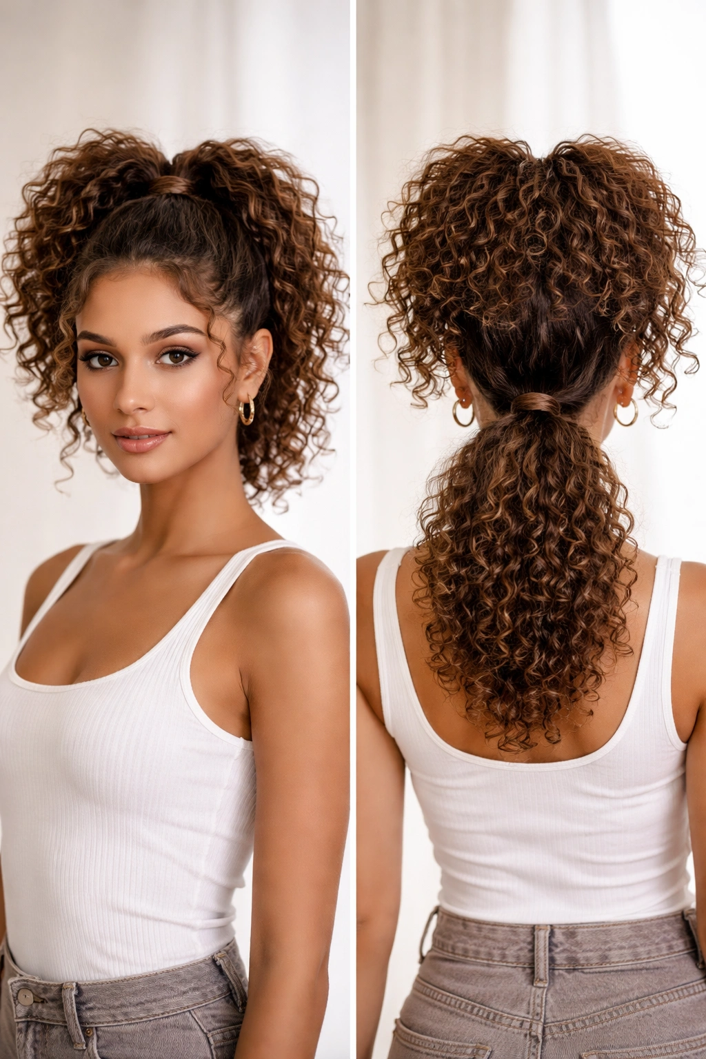 Two ponytails with textured curls at crown and nape