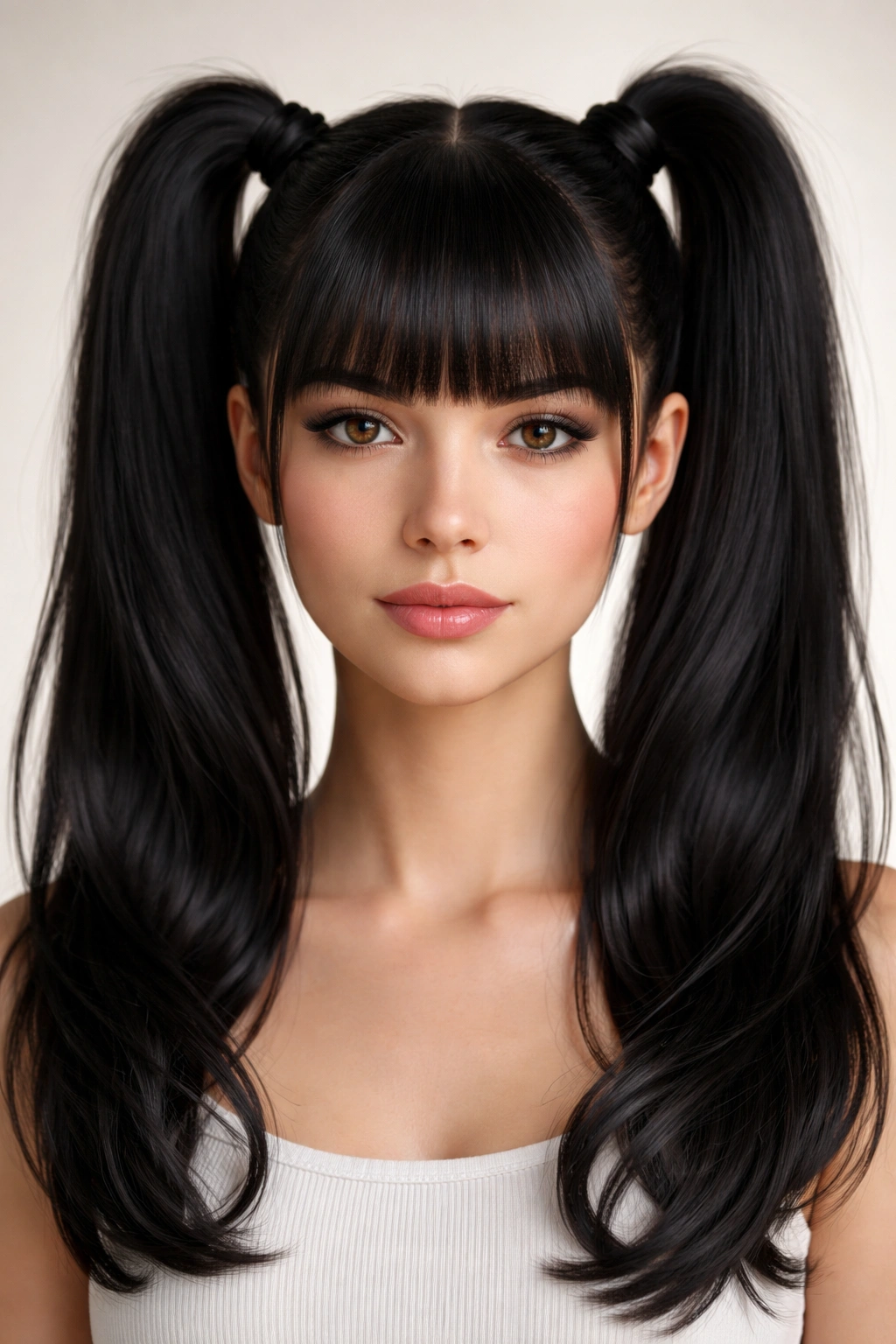 Close-up of classic high double ponytails with blunt bangs, symmetrical crown placement