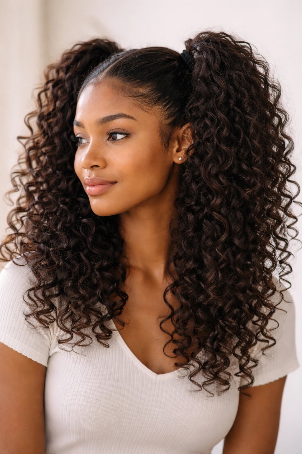 Two ponytails with loose flowing curls showing natural texture