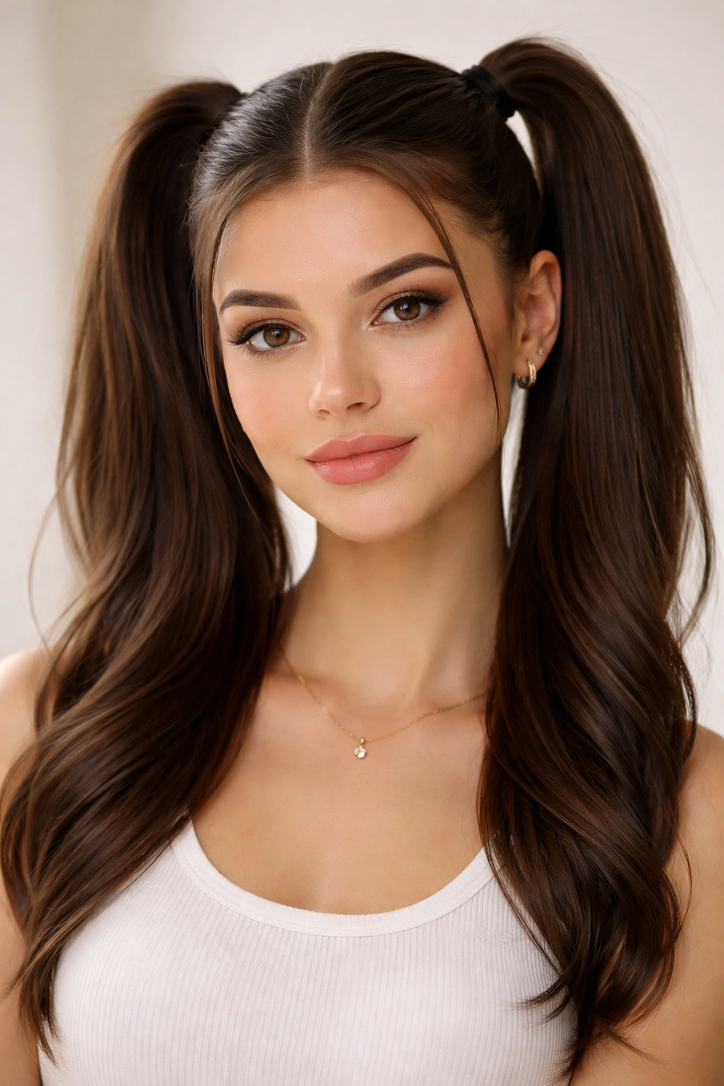 Close-up of double ponytails with sleek, glossy hair