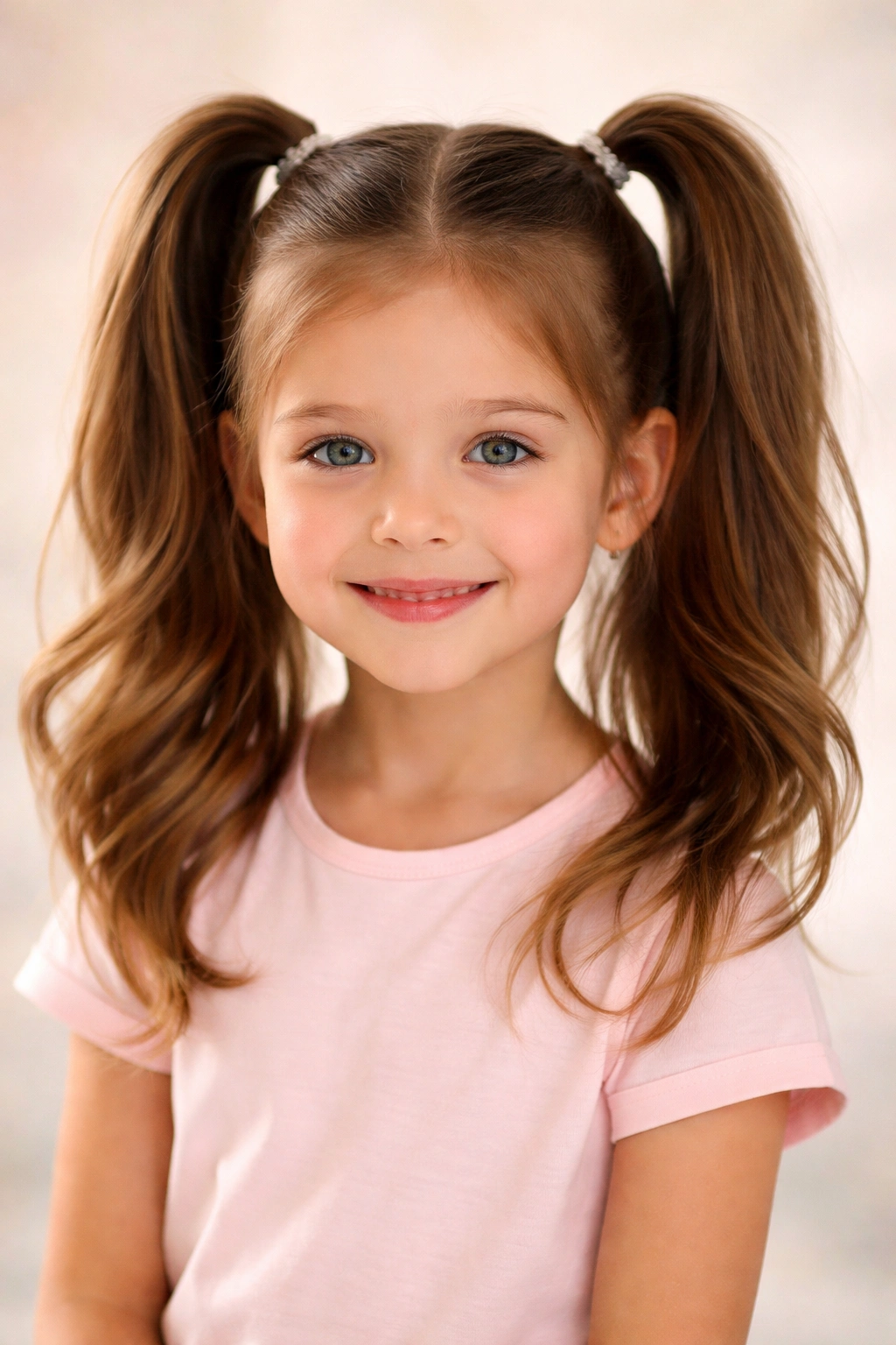 Close-up of a child with classic high double ponytails at crown