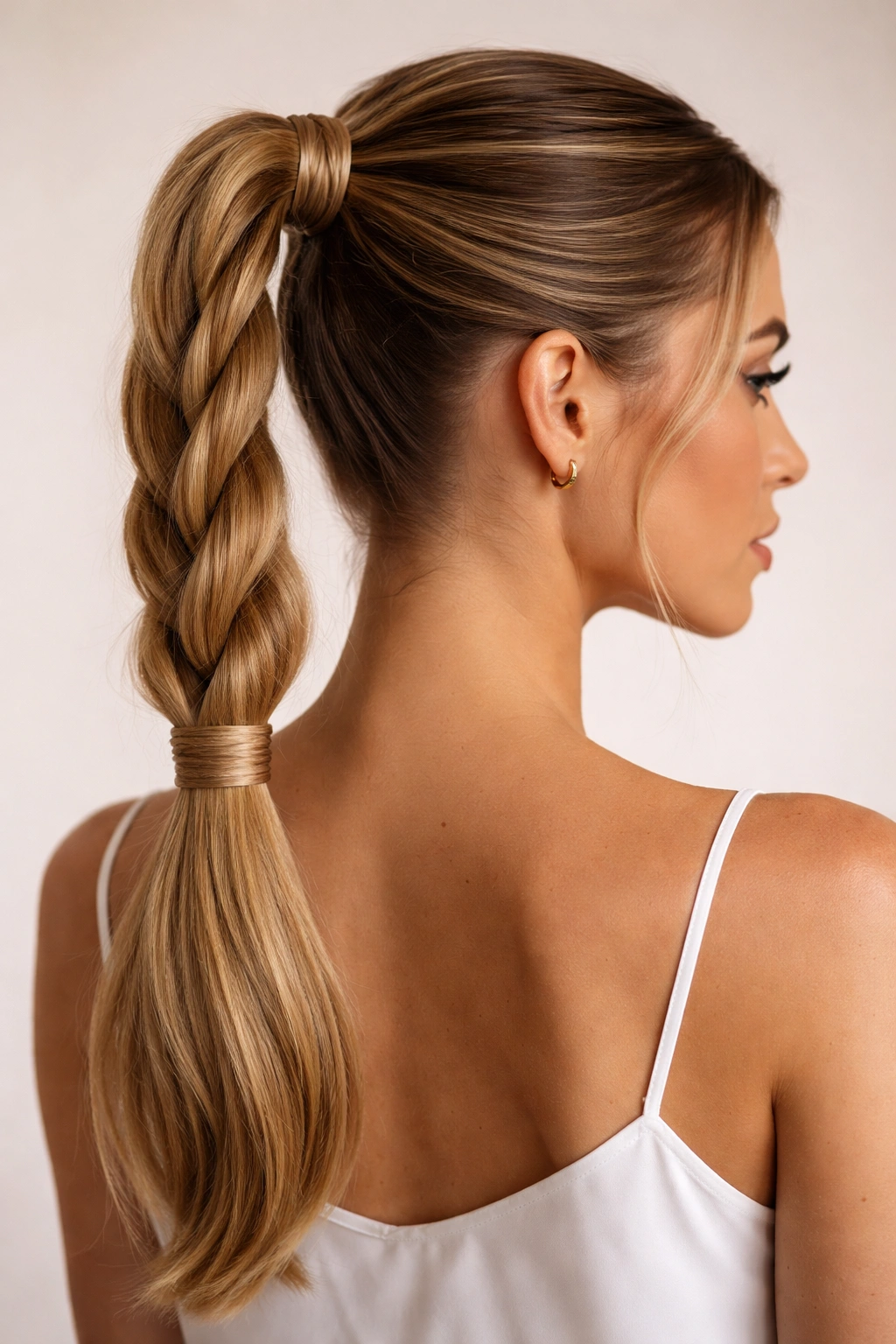Two rope braids twisted and joined into a ponytail with sculptural texture