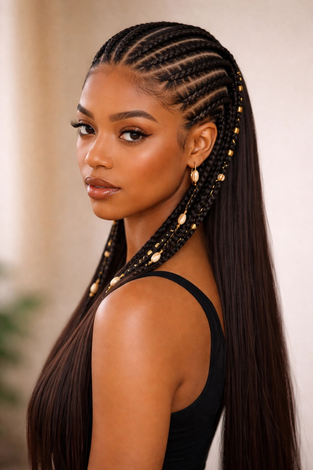 Double row Fulani braids down the back on straight hair