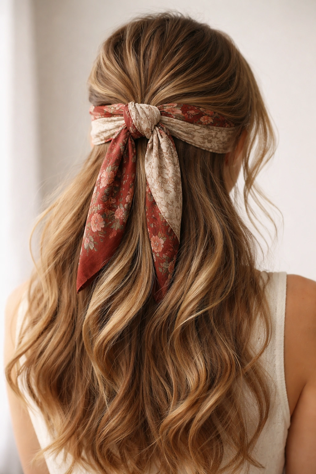 Close-up of a half-up hairstyle with two layered scarves forming a thick band
