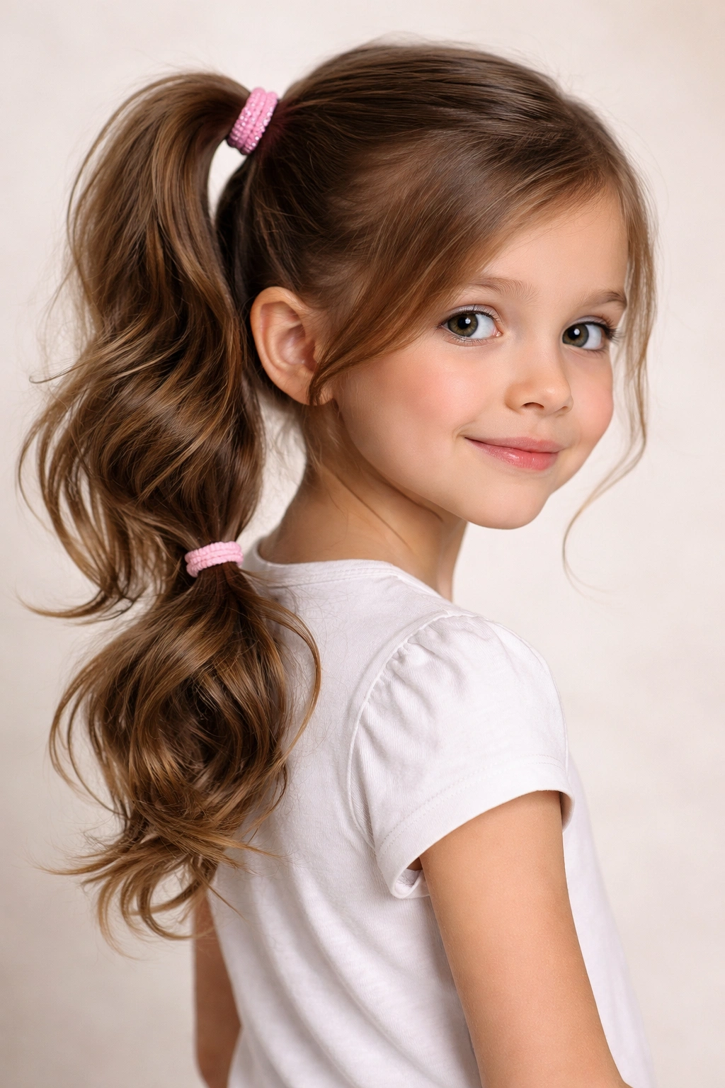 Two stacked side ponytails on one side of the head.