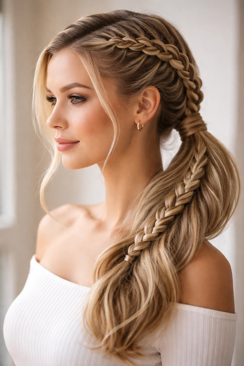 Two Dutch braids meeting into a single side ponytail