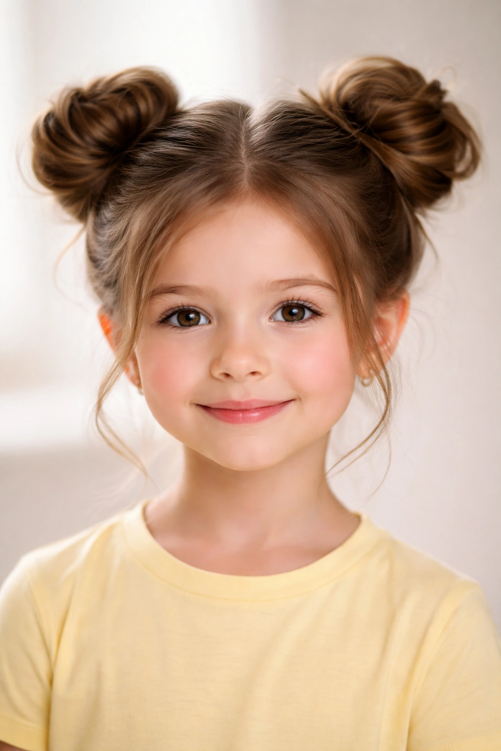 Front view of double space buns on a head with two round buns