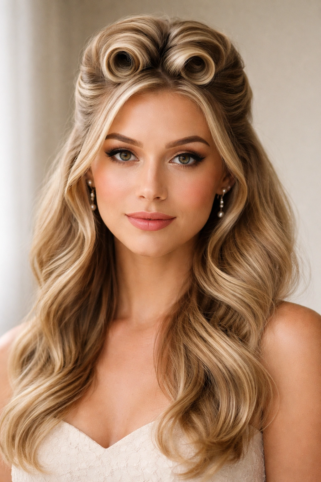 Double-layered pin curls stacked at crown in a half-up hairstyle.