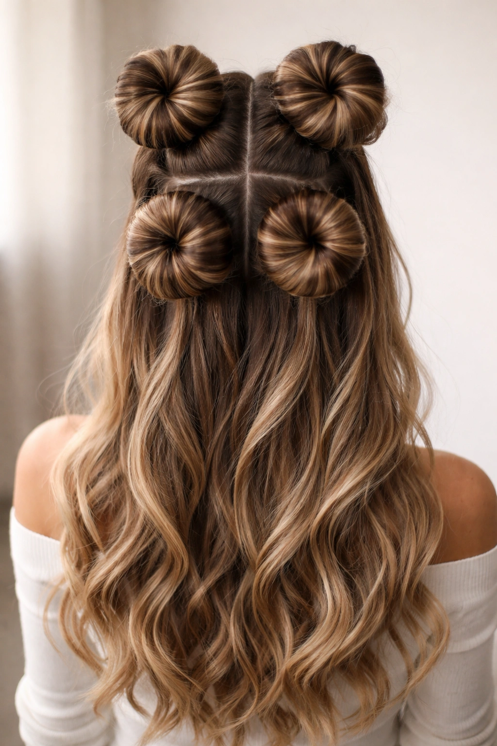 Four buns arranged in a grid on the crown for double-stacked space buns