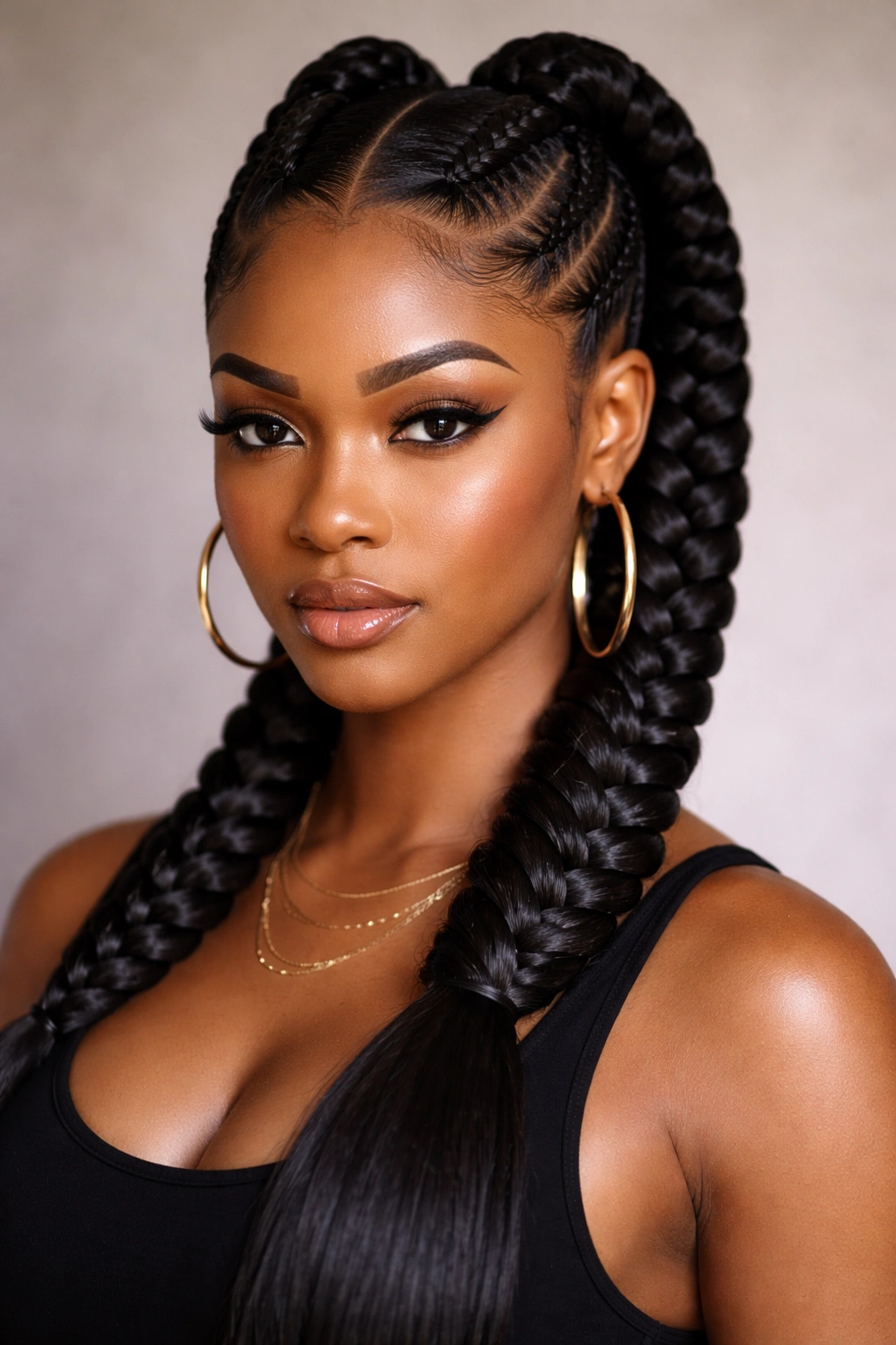 Double stitch braids framing head converging into ponytail