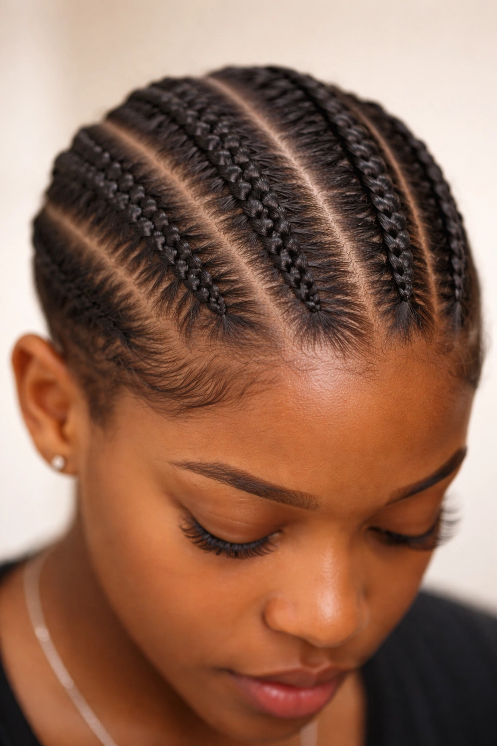 Close-up of two parallel double stitch cornrows braided on the scalp