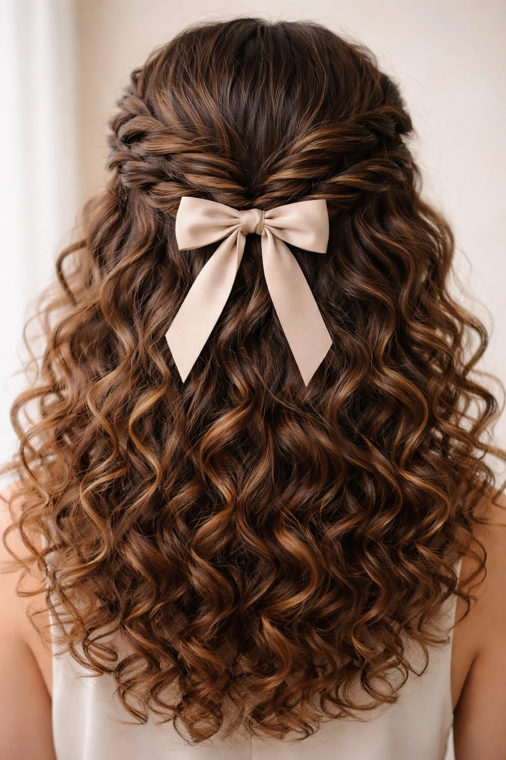 Close-up of double-twisted bow on curly hair at center back