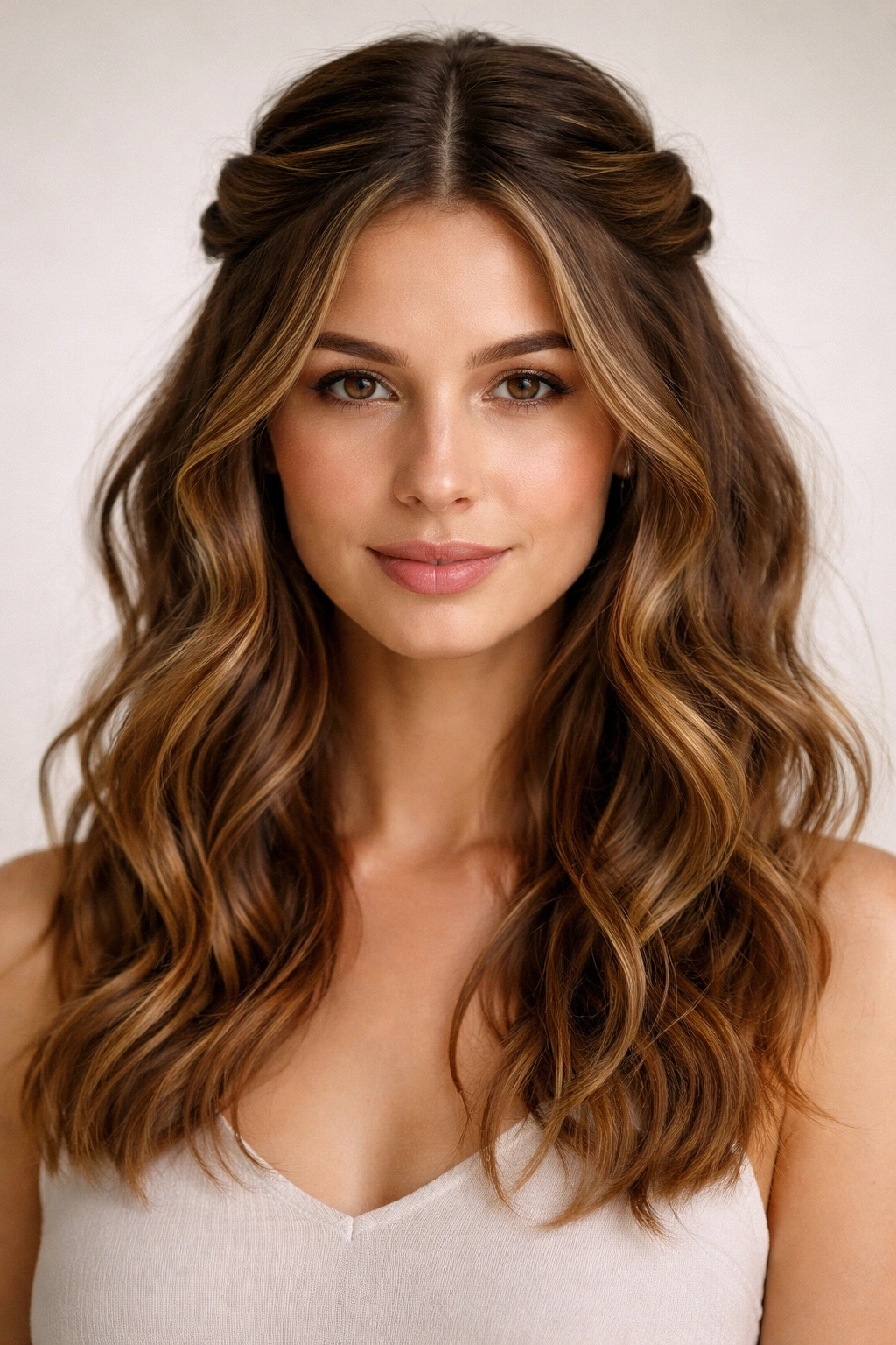 Center-parted double twists meeting at the back of a wavy half-up style