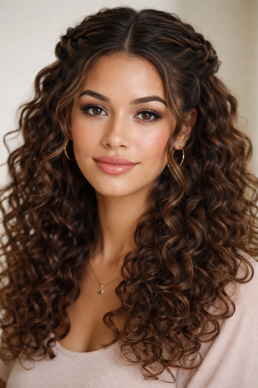 Double twisted crown hairstyle with curls around the face.