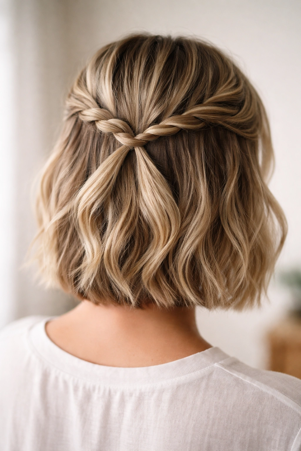 Close-up of a short-haired head with two slim twists converging at the crown